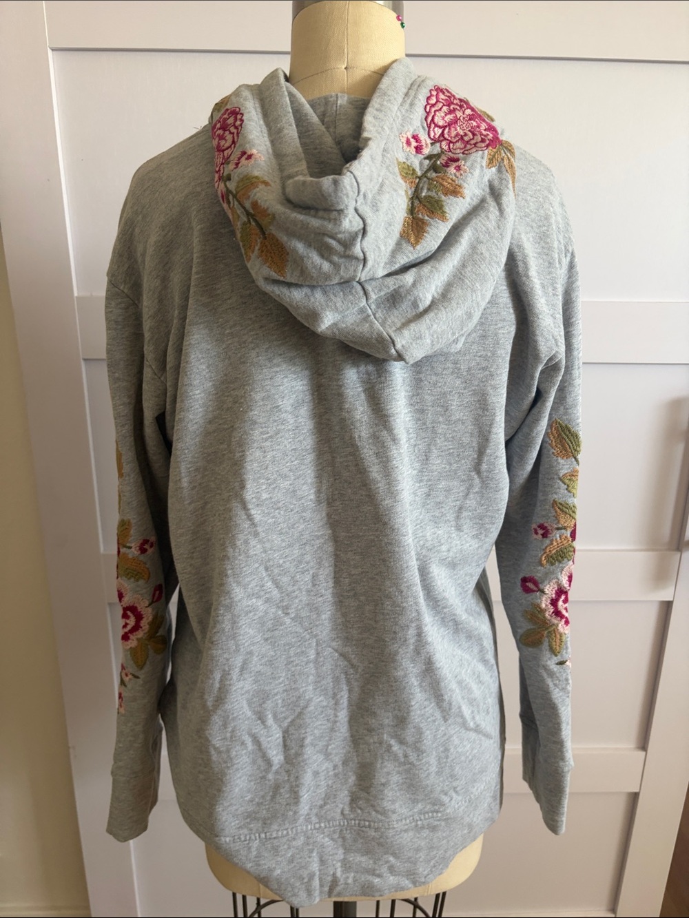 Johnny Was Gray Hoodie with Pink Floral Embroidery - Picture 2 of 2